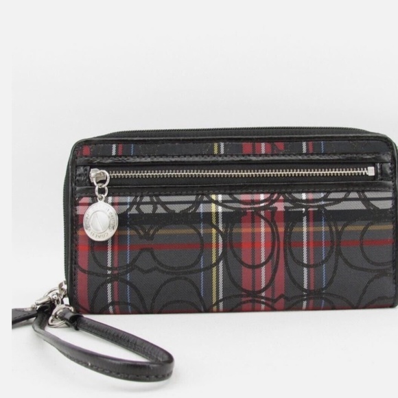 Coach Handbags - SOLD Coach Poppy Tartan Plaid Wristlet Wallet Black/Red